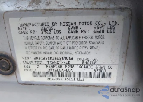 2005 Nissan Sentra 1.8/1.8S from USA, damaged, VIN 3N1CB51D15L519013